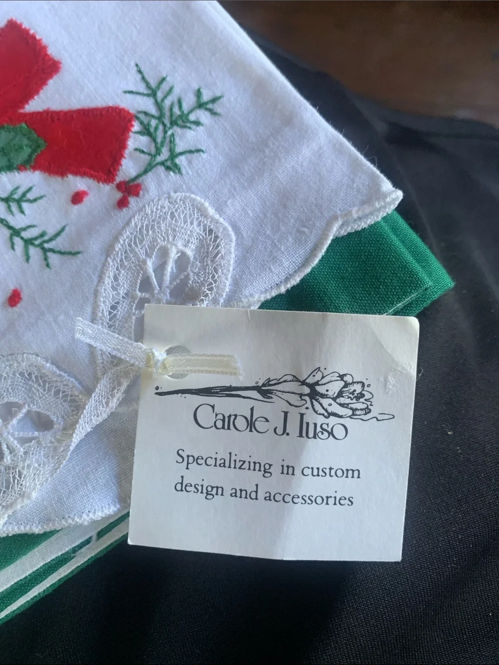 White Holiday Embroidered Hand towels, Christmas Tree and Red Bow and lace, 5
